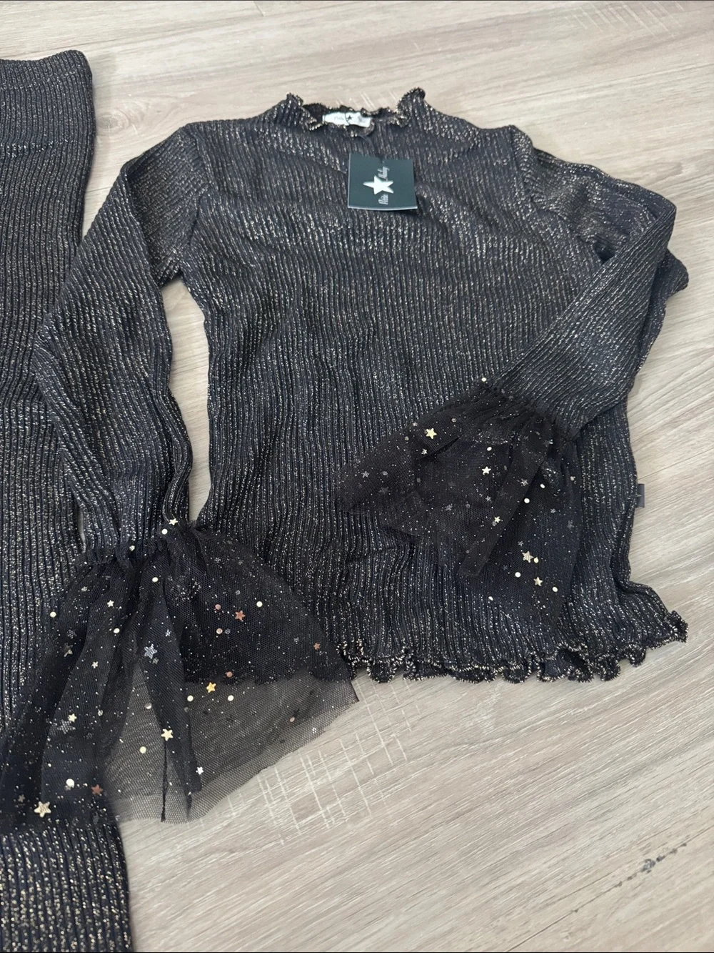 Petite Hailey Girls' Black Shimmer Ribbed Matching Leggings Set